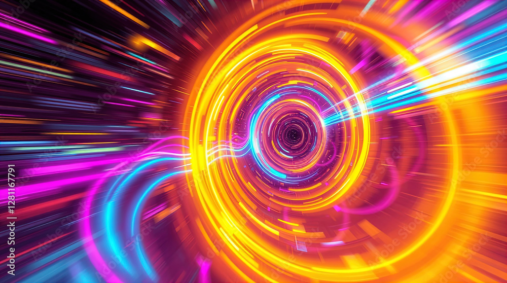 abstract astral corridor-portal with bright neon light effects, spirals of light