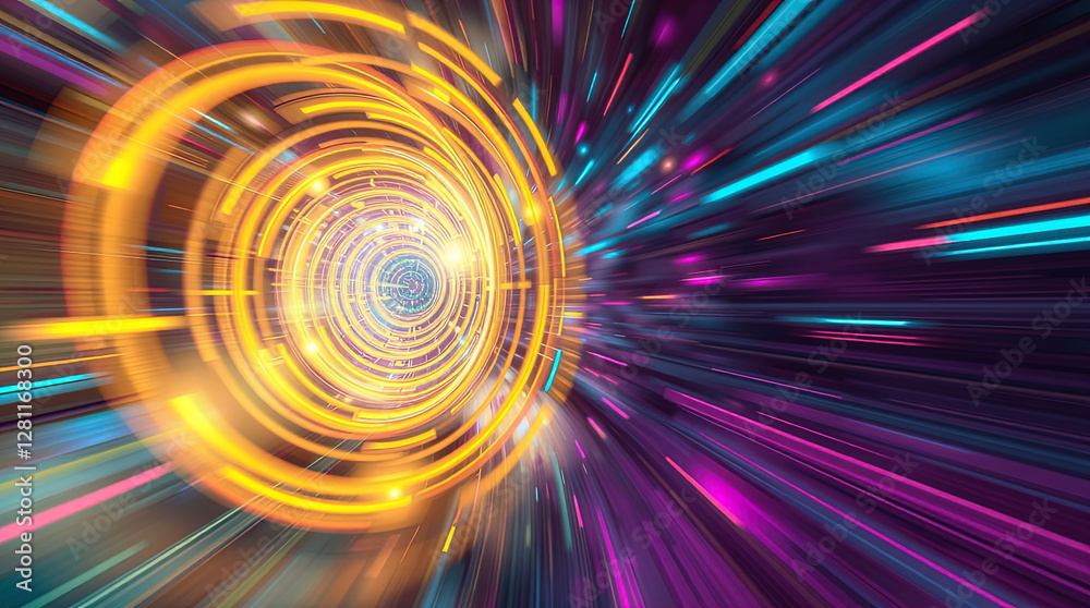 abstract astral corridor-portal with bright neon light effects, spirals of light