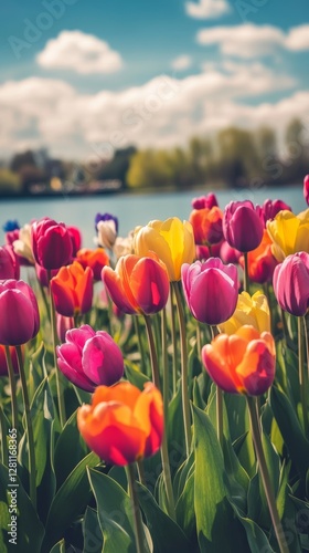 photo of tulip field by the lake. copy space image with high quality