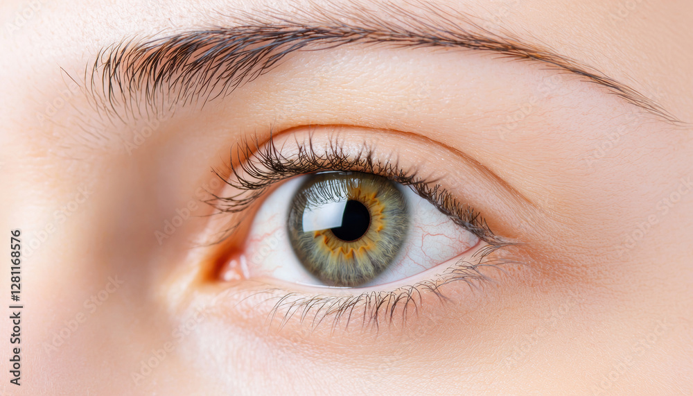 Obraz premium Close-up of a person's eye displaying vibrant green and brown hues, highlighting the intricate details of the iris and eyelashes.