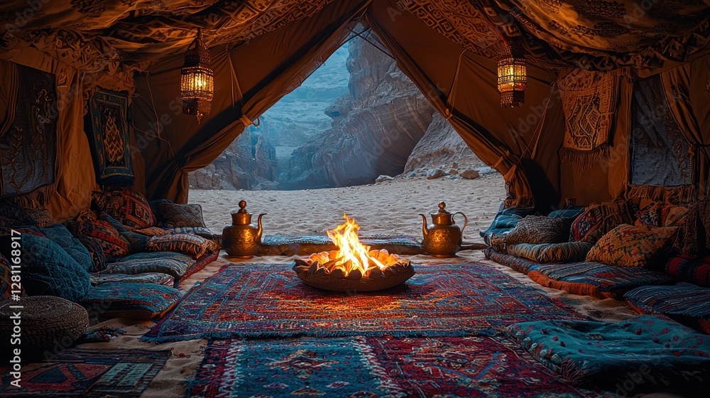 Fototapeta premium Cozy Desert Campfire Scene Inside Arabian Tent