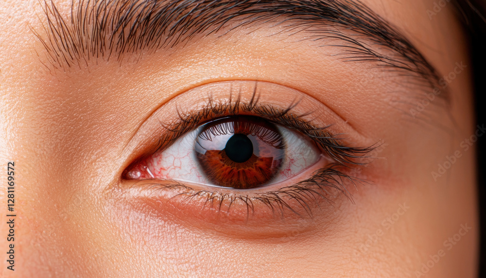 Obraz premium A close-up of a human eye, showcasing rich brown iris details and well-groomed eyelashes against a soft skin backdrop.