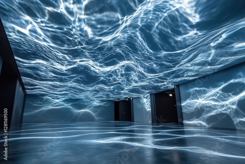 Immersive ocean wave projection in a modern hallway photo