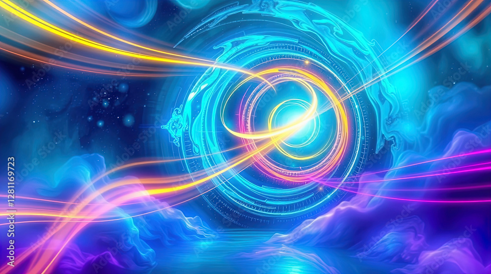abstract astral corridor-portal with bright neon light effects, spirals of light