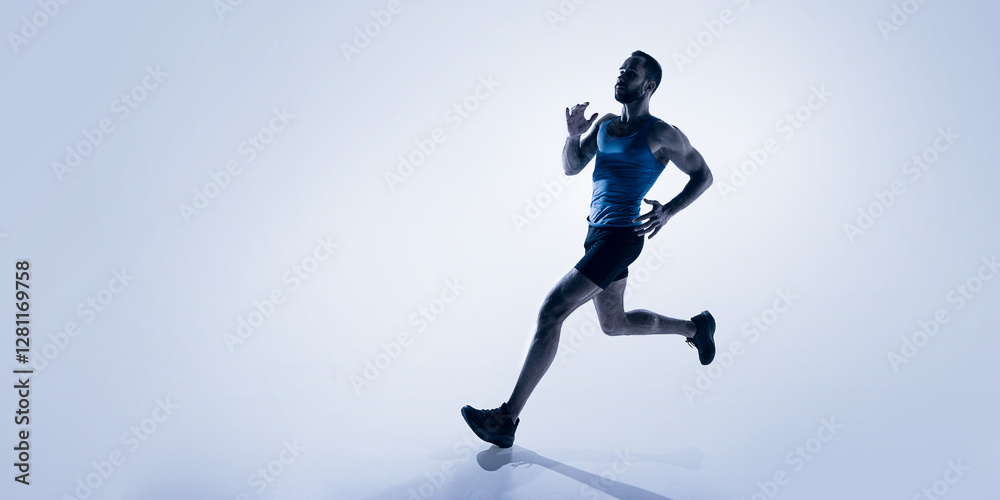 Dynamic image of muscular young man, runner in blue jersey and black shorts, training, preparing for marathon. Concept of sport, competition, endurance, athletics, sportive lifestyle. Copy space Dynamic image of muscular young man, runner in blue jersey and black shorts, training, preparing for marathon. Concept of sport, competition, endurance, athletics, sportive lifestyle. Copy space