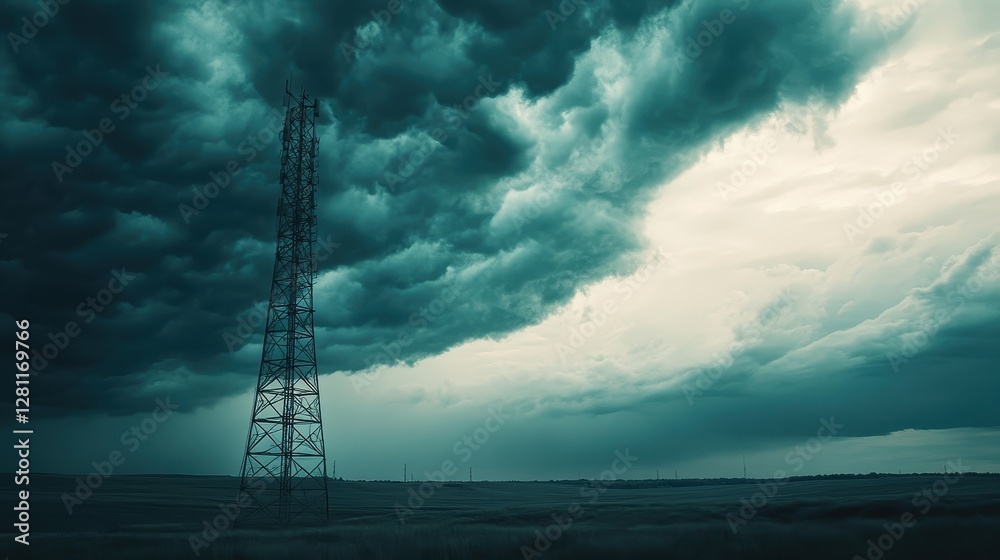 Dramatic Sky with Dark Clouds and Communication Tower in Landscape Dramatic Sky with Dark Clouds and Communication Tower in Landscape