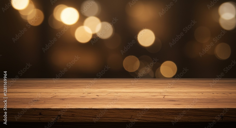 Wooden table surface with soft bokeh lights in the background, creating ambiance Wooden table surface with soft bokeh lights in the background, creating ambiance