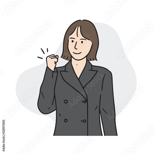 Illustration of a woman cheering with her fists clenched. Hand-drawn vector elements.