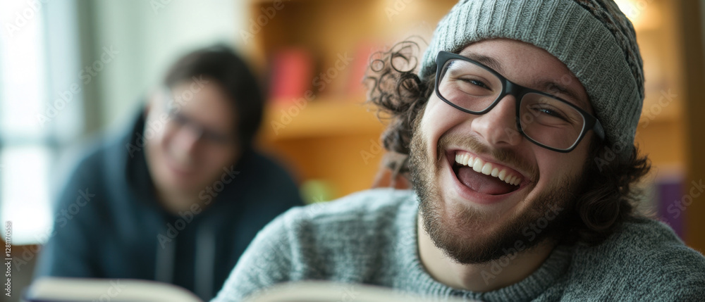 Fototapeta premium A joyful male student with glasses and a beanie laughs while enjoying a book in a relaxed study area with a soft background