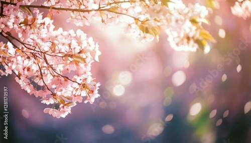 Plakat 満開に咲く桜と花びら 入園入学新生活 お花見タイトルバナー コピースペース