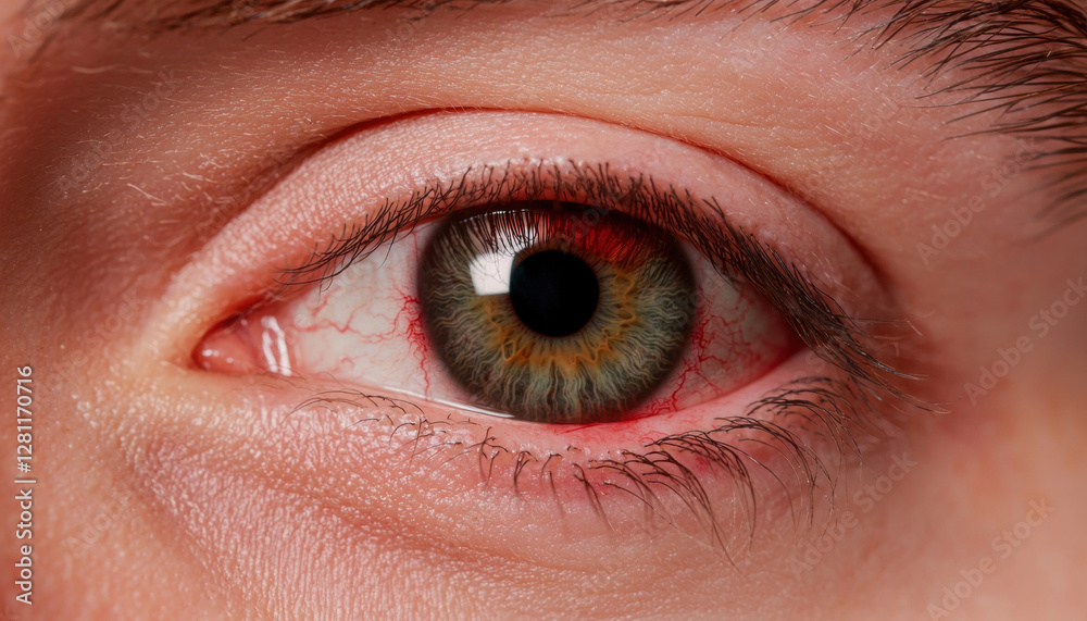 Obraz premium A close-up view of a human eye, showcasing its unique colors and intricate details, including the iris and pupil.