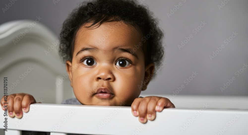 Curious african child peeking over crib with wide eyes Curious african child peeking over crib with wide eyes
