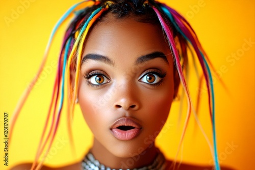 Short trim - multicolored hair. Lovely very astonished black girl - for ads, alley poster and web use. Commercial ad creative. Stylish black woman. Elegant black ads. Modern model ads. photo