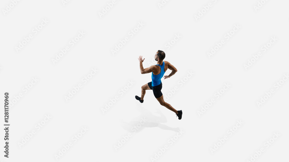 Top view image of muscular man, running athlete in motion, training isolated on white studio background. Concept of sport, competition, endurance, athletics, sportive lifestyle. Copy space Top view image of muscular man, running athlete in motion, training isolated on white studio background. Concept of sport, competition, endurance, athletics, sportive lifestyle. Copy space