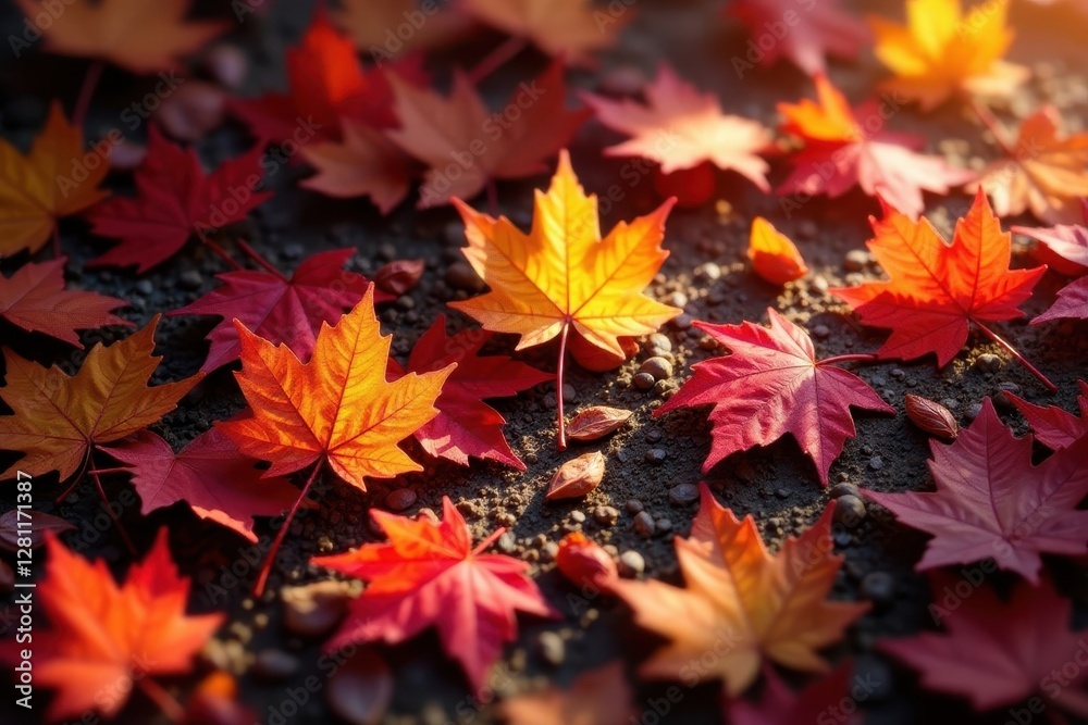 Vibrant red & gold maple leaves scattered on ground, maple, background Vibrant red & gold maple leaves scattered on ground, maple, background