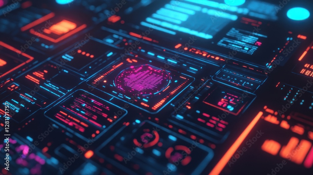 Futuristic digital interface with glowing neon displays showing data streams and a central processing unit. Futuristic digital interface with glowing neon displays showing data streams and a central processing unit.
