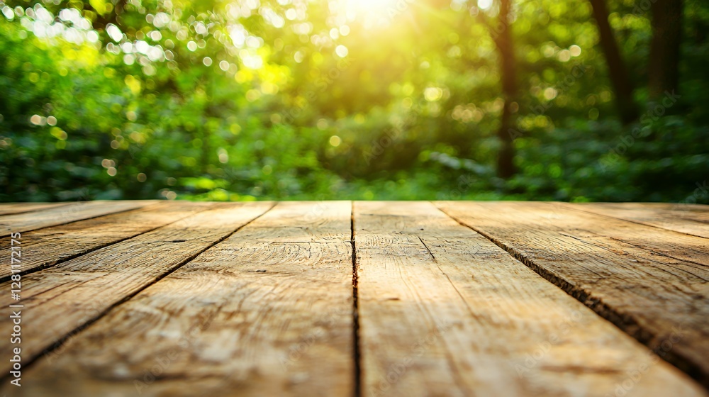 Fototapeta premium Rustic Wooden Table in Sunny Forest Setting