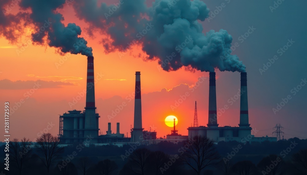 Grimy coal plant smokestacks belch dark smoke , black, air quality Grimy coal plant smokestacks belch dark smoke , black, air quality