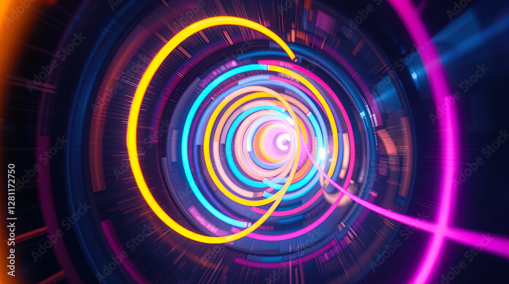 abstract astral corridor-portal with bright neon light effects, spirals of light