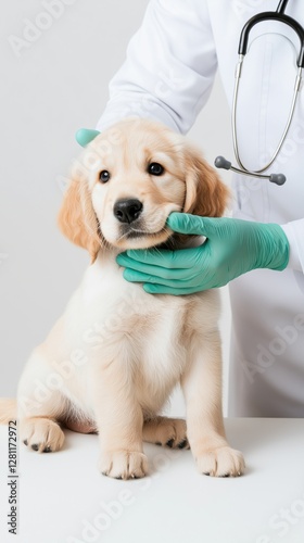 A veterinarian examines a cute golden retriever puppy while wearing green gloves, highlighting the importance of pet care and health.