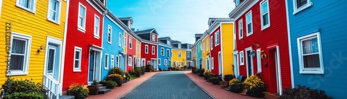 A lively neighborhood street with rows of colorful houses, vibrant red, yellow, and blue exteriors, cobblestone path, clear skies, cheerful and warm atmosphere