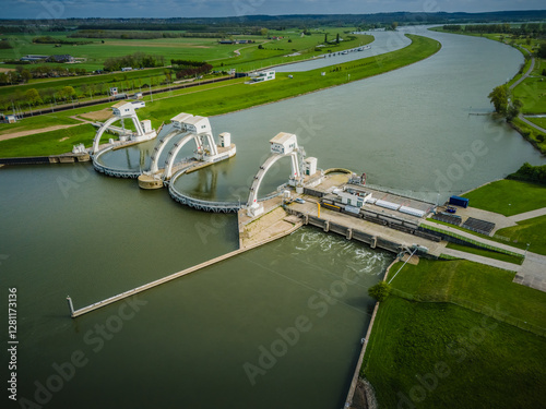 Aerial picture of the Dutch Amerongen waterlock in the river Nederrijn.