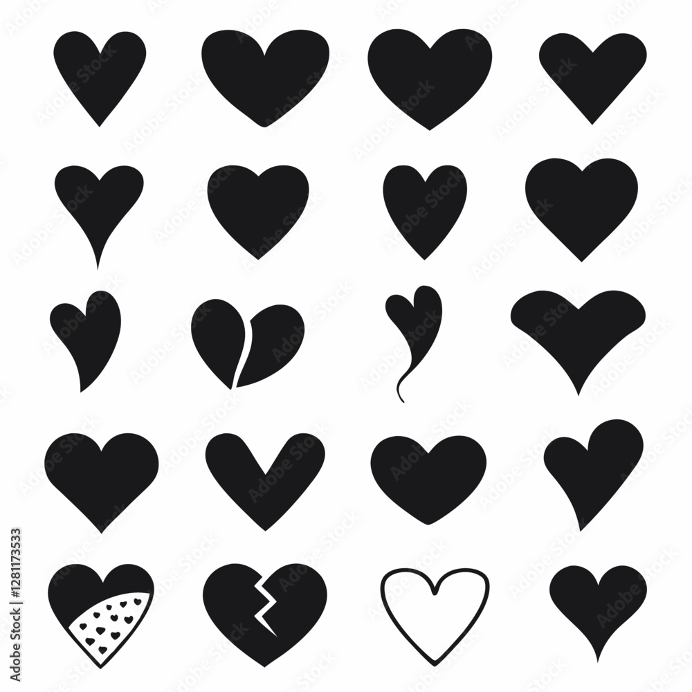 Hand-Drawn Heart Icons: 20 Black & White Vector Hearts for Valentine's Day. Hand-Drawn Heart Icons: 20 Black & White Vector Hearts for Valentine's Day.