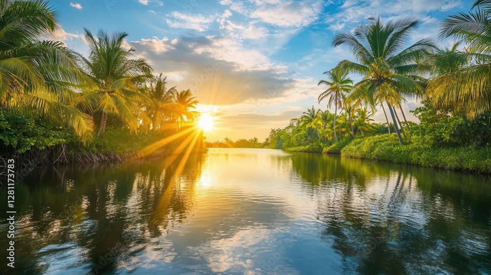 Obraz premium Serene Sunset over Tropical River and Palm Trees