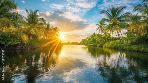 Serene Sunset over Tropical River and Palm Trees