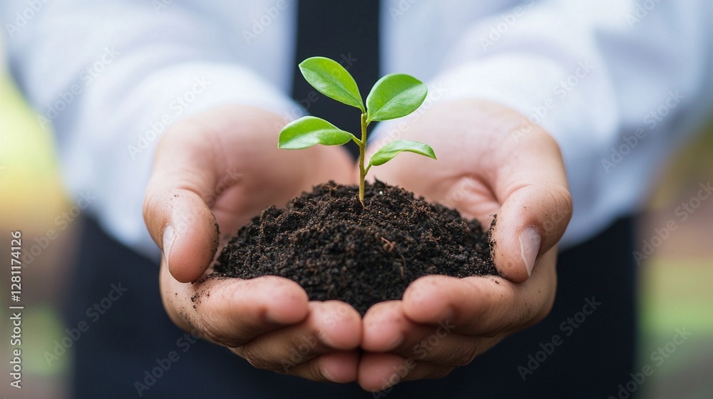 Businessperson's Hands Gently Holding a Young Sprout Emerging from Rich Soil Businessperson's Hands Gently Holding a Young Sprout Emerging from Rich Soil