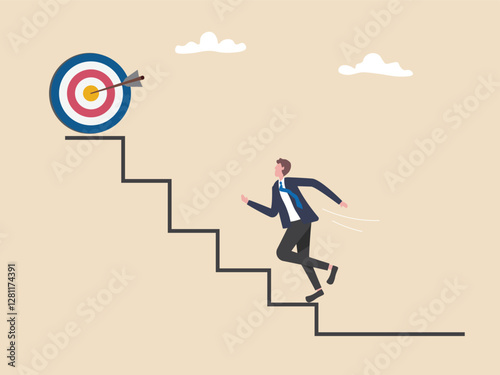 Success roadmap journey, milestone or career path achievement, route or pathway to achieve goals, accomplishment, way to success, businessman Running up to stair for hit the target.