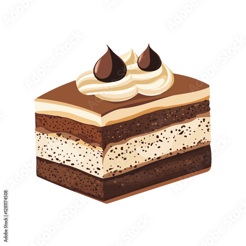 Flat vector tiramisu cake, minimalist design, isolated on a white background.


