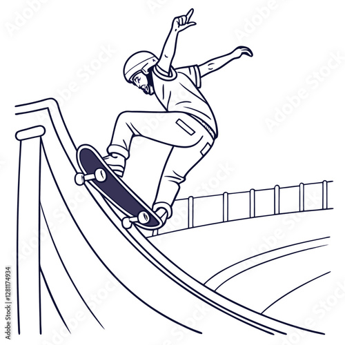 Skateboarder Grinding on Ramp Illustration: Skateboarding Art, Extreme Sports Line Drawing, Action Sport, Skater Boy, Skate Park Design