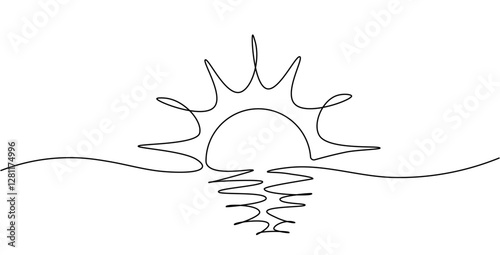 Sun continuous one line drawing isolated on transparent background. Summer travel or vacation on the sea and ocean concept. Editable stroke. Vector illustration 
