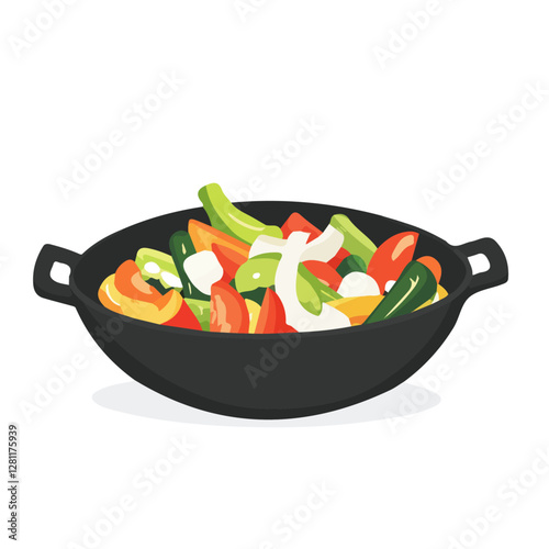 Flat vector veggie stir-fry, minimalist design, isolated on a white background.


