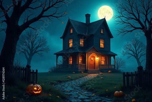 A spooky entrance to a haunted house with cobwebs and a full moon, darkness, abandoned, eerie