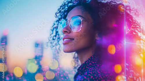 Optimistic Vision: woman looking at the vibrant city future, wearing glasses reflecting the glow of progress and technology.