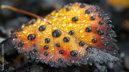 Close-up of a weathered leaf covered in soot and dust, 
