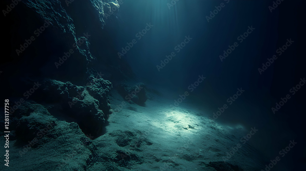 Obraz premium Underwater scene depicting a deep sea cave with sun rays penetrating the surface