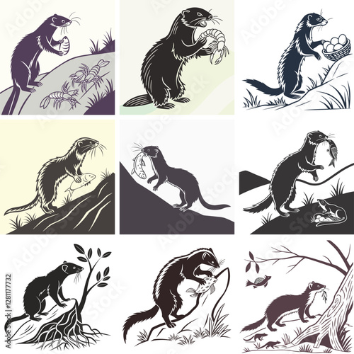 Vintage Illustration: Weasel Carrying Prey, Retro Animal Art, Wildlife Silhouette, Nature Print, Black and White, Graphic Design, Mammal Decor