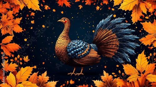 A Colorful Turkey Stands Surrounded By Autumn Leaves On Display