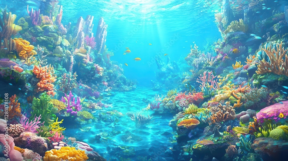 Fototapeta premium Vibrant Coral Reef Underwater Scene Sunlit Ocean Floor with Colorful Fish and Lush Marine Life