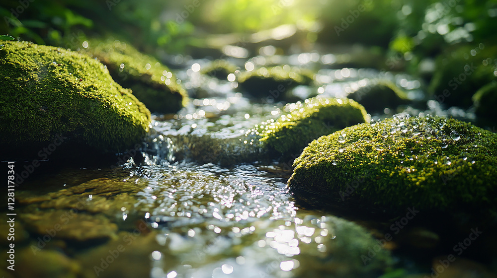The moss-covered stones in the stream, with sparkling water droplets on them, and sunlight shining through the forest leaves to illuminate their green appearance. The moss-covered stones in the stream, with sparkling water droplets on them, and sunlight shining through the forest leaves to illuminate their green appearance.