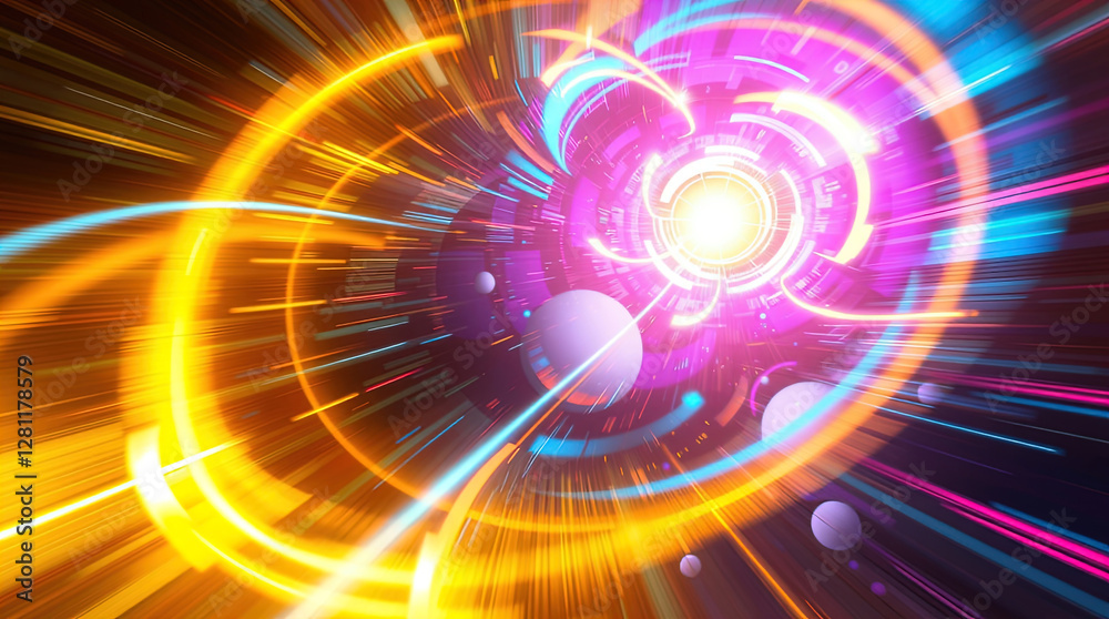 abstract astral corridor-portal with bright neon light effects, spirals of light