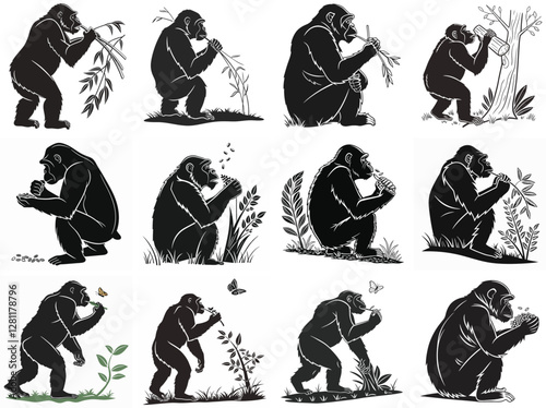 Chimpanzee Tool Use: Silhouette Illustrations of Primates Using Tools, Animal Behavior, Wildlife Art, Scientific Illustration, Black and White Graphics