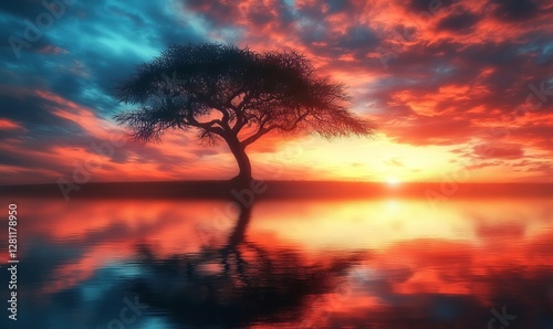 Majestic African Savanna Sunset with Dramatic Sky and Acacia Tree, Vibrant Colors, Tranquil Landscape, Nature's Serenity, Perfect for Travel and Nature Themes, Natural Beauty, Safari, Generative AI