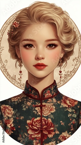 Vintage Chinese Woman with Blond Curly Hair in Floral Dress, Elegant Portrait Illustration, Timeless Beauty and Cultural Fusion, Generative AI