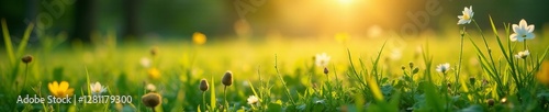Peaceful meadow at dawn with dew-covered grass and wildflowers, wildflowers, landscape, meadow
