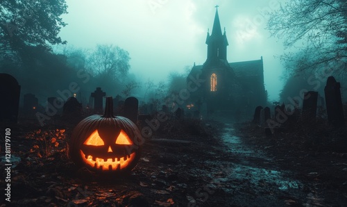 Eerie Jack-o-Lantern in Spooky Cemetery with Tombstones and Haunted Church on Foggy Halloween Night, Generative AI