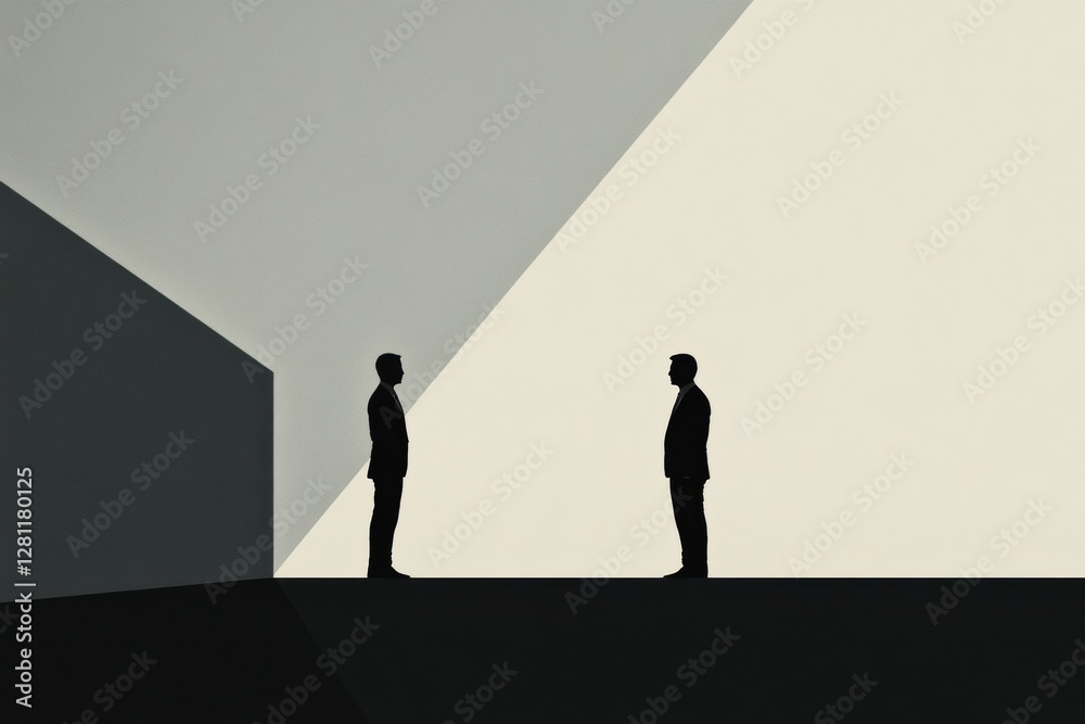 Silhouetted figures negotiating in a minimalist setting with contrasting light at dusk. Generative AI Silhouetted figures negotiating in a minimalist setting with contrasting light at dusk. Generative AI